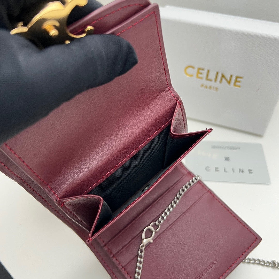 Celine Triomphe Chain Wallet in Burgundy Calfskin – Mini Flap Card Holder Crossbody Bag