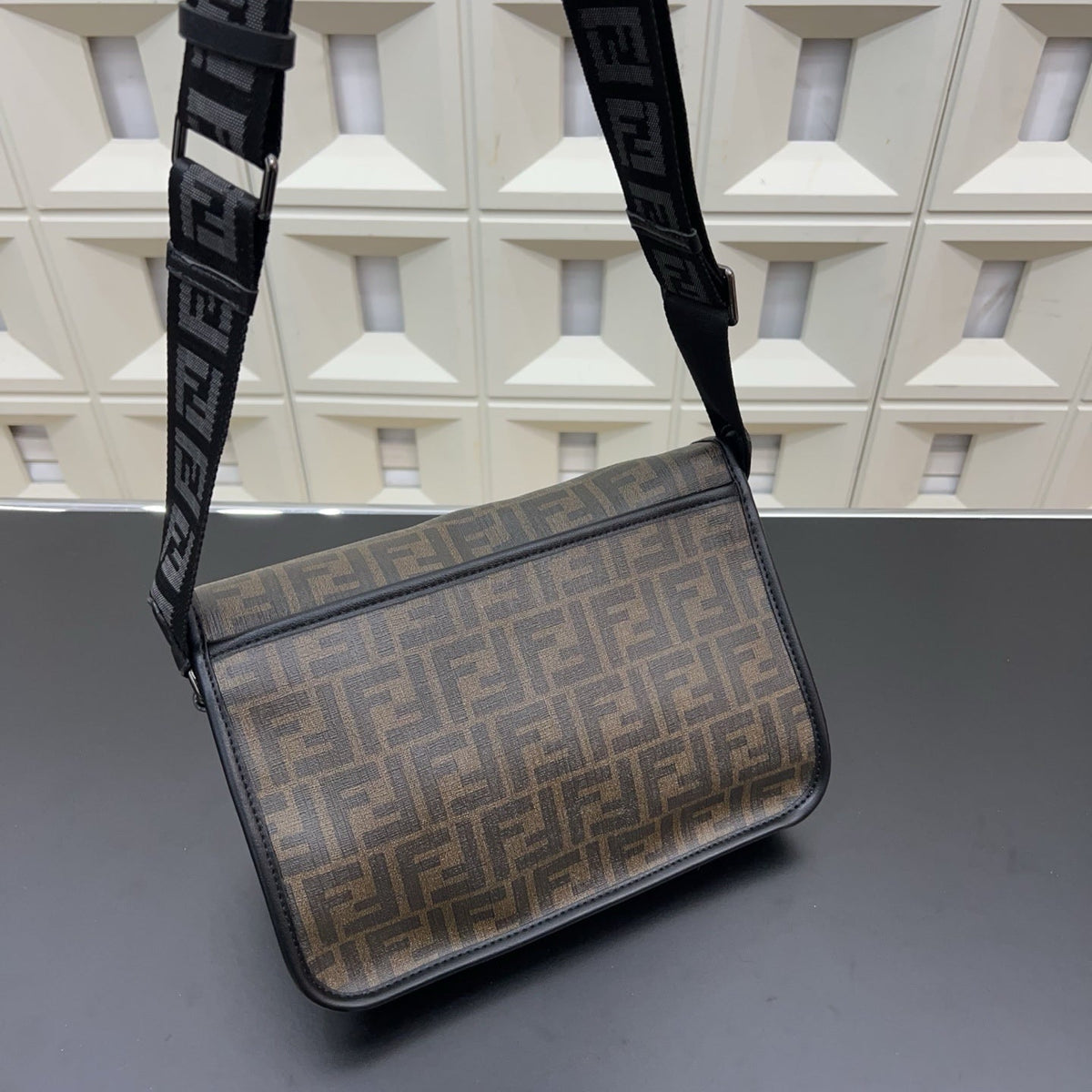 Fendi Men's FF Canvas Messenger Bag – Brown FF Motif Flap Crossbody Bag with Buckles