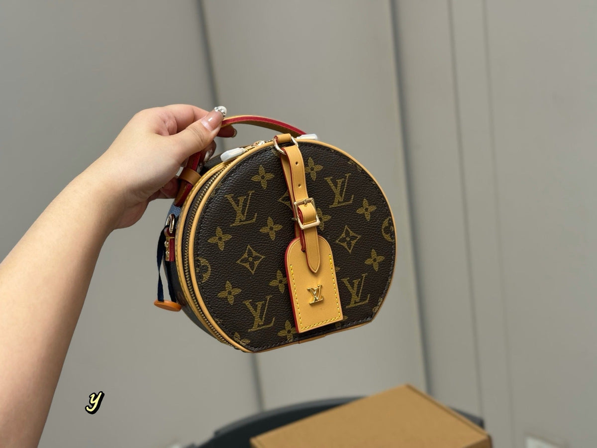 Louis Vuitton Monogram Boite Chapeau Mini Round Crossbody Bag – Classic Canvas Hat Box Shoulder Bag