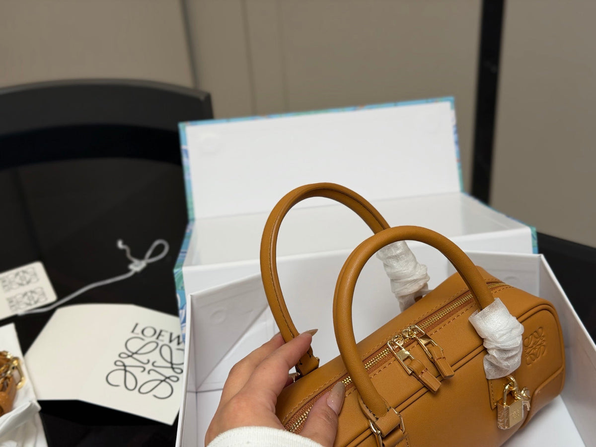 Loewe Mini Leather Satchel Boston Bag – Top Handle Shoulder Crossbody Bag with Padlock & Key