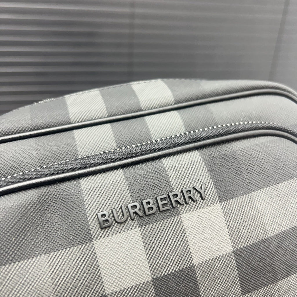 Burberry Men's Charcoal Check Camera Bag – Dark Charcoal Coated Canvas Crossbody Bag