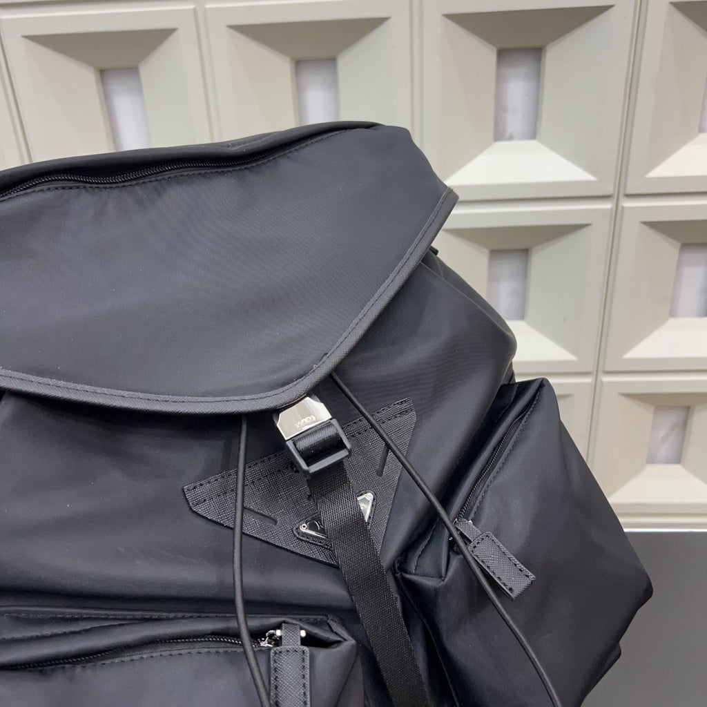 Prada Re-Nylon and Saffiano Leather Backpack – Black Drawstring Backpack with Exterior Pockets