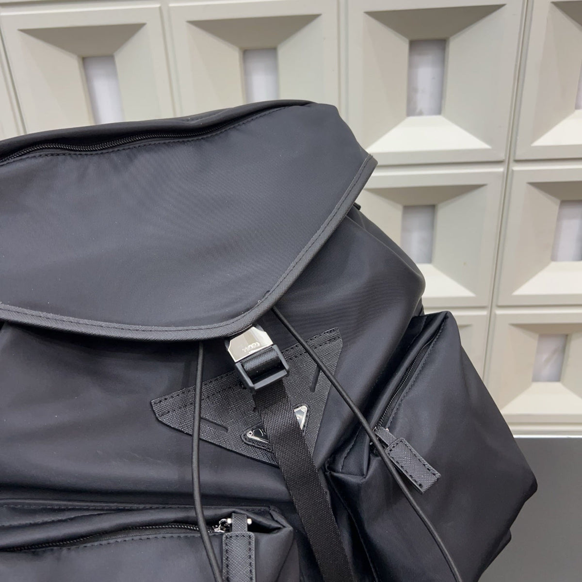 Prada Re-Nylon and Saffiano Leather Backpack – Black Drawstring Backpack with Exterior Pockets
