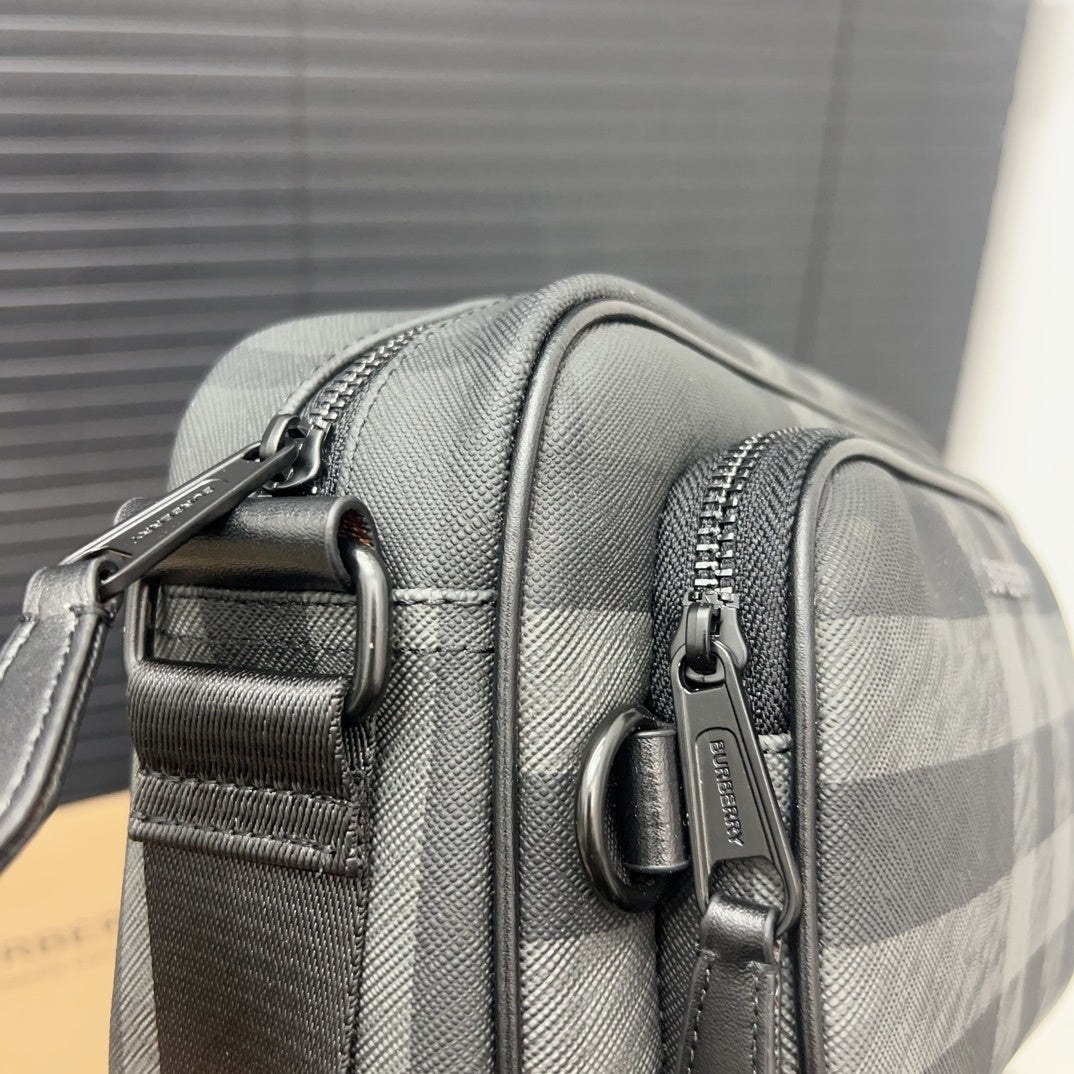 Burberry Men's Charcoal Check Camera Bag – Dark Charcoal Coated Canvas Crossbody Bag