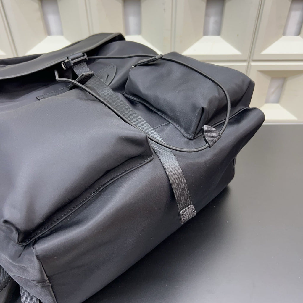 Prada Re-Nylon and Saffiano Leather Backpack – Black Drawstring Backpack with Exterior Pockets