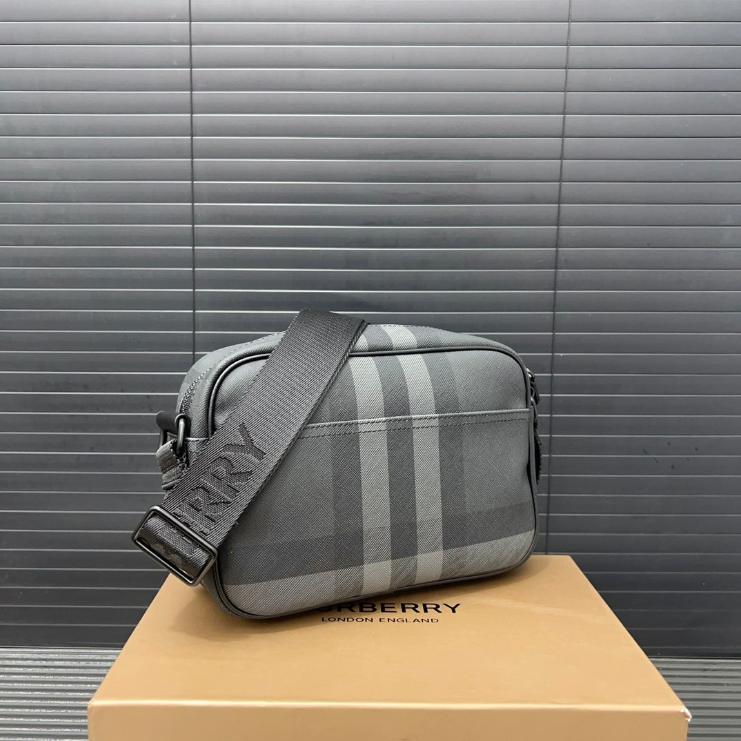 Burberry Men's Charcoal Check Camera Bag – Dark Charcoal Coated Canvas Crossbody Bag