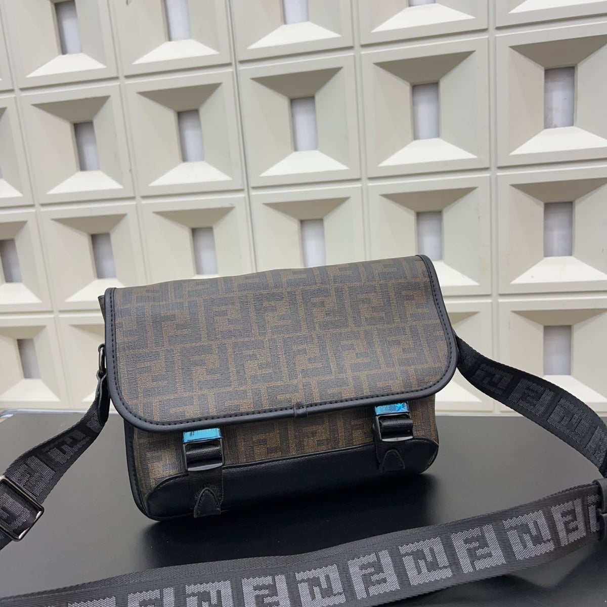 Fendi Men's FF Canvas Messenger Bag – Brown FF Motif Flap Crossbody Bag with Buckles