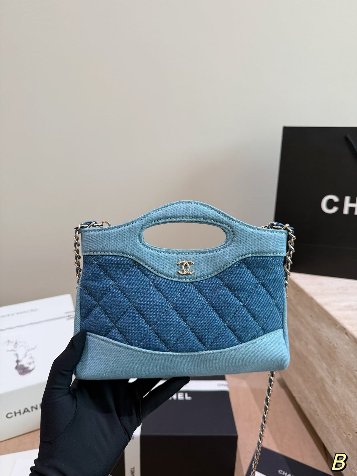 Chanel Quilted Denim Mini Shopping Tote – Two-Tone Blue Chain Shoulder & Top-Handle Bag