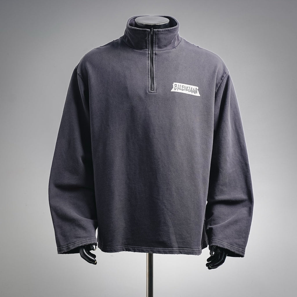 Balenciaga DIY Metal Logo Washed & Distressed Half-Zip Sweatshirt
