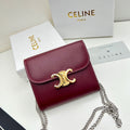 Celine Triomphe Chain Wallet in Burgundy Calfskin – Mini Flap Card Holder Crossbody Bag