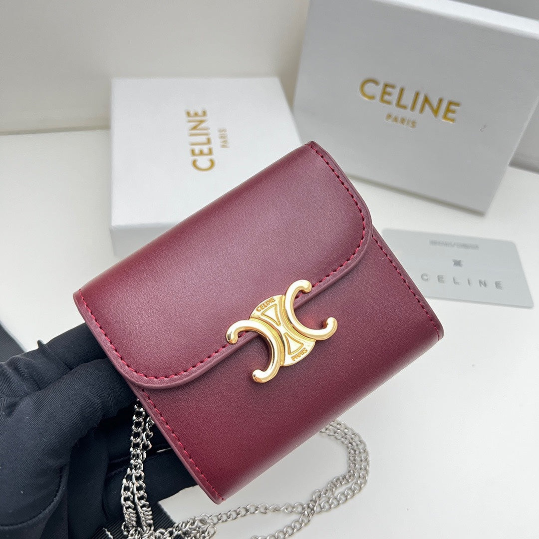 Celine Triomphe Chain Wallet in Burgundy Calfskin – Mini Flap Card Holder Crossbody Bag