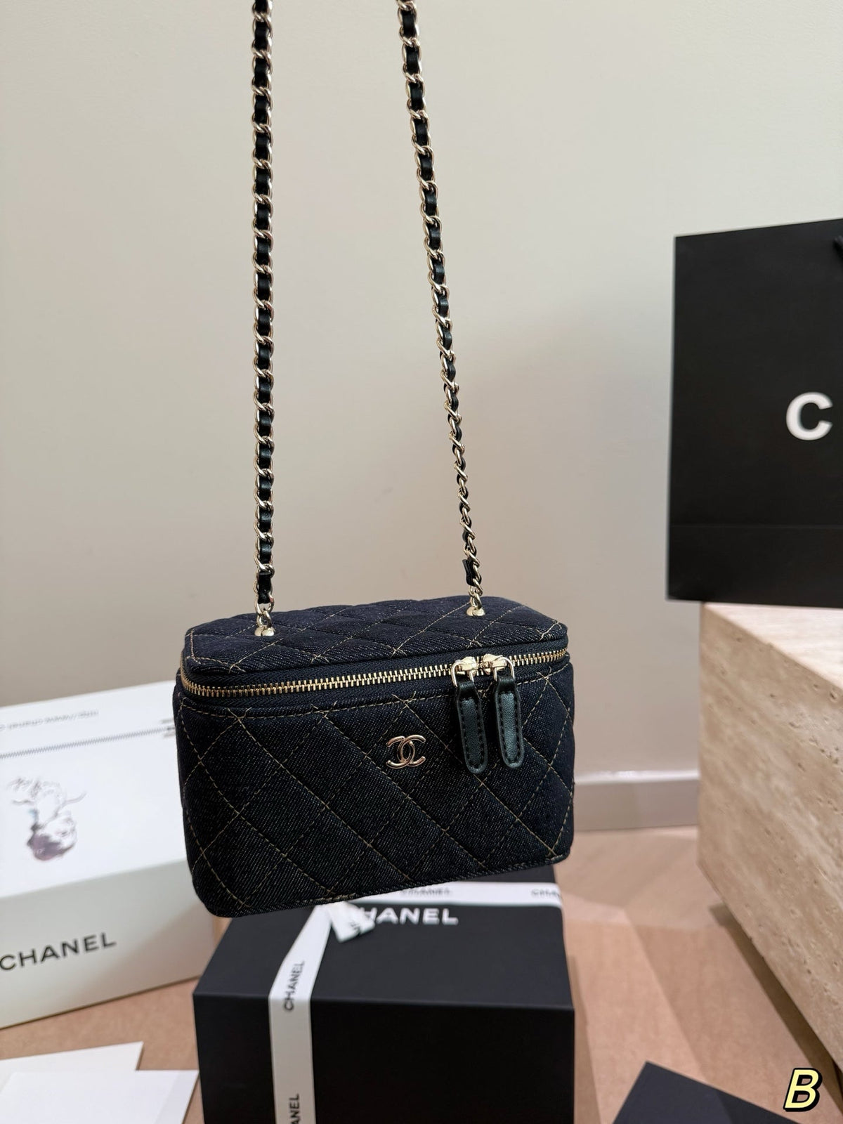 Chanel Dark Denim Quilted Vanity Chain Bag – Gold Stitching Crossbody Shoulder Bag