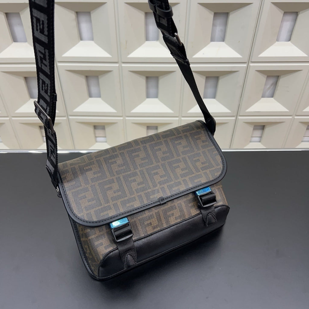 Fendi Men's FF Canvas Messenger Bag – Brown FF Motif Flap Crossbody Bag with Buckles