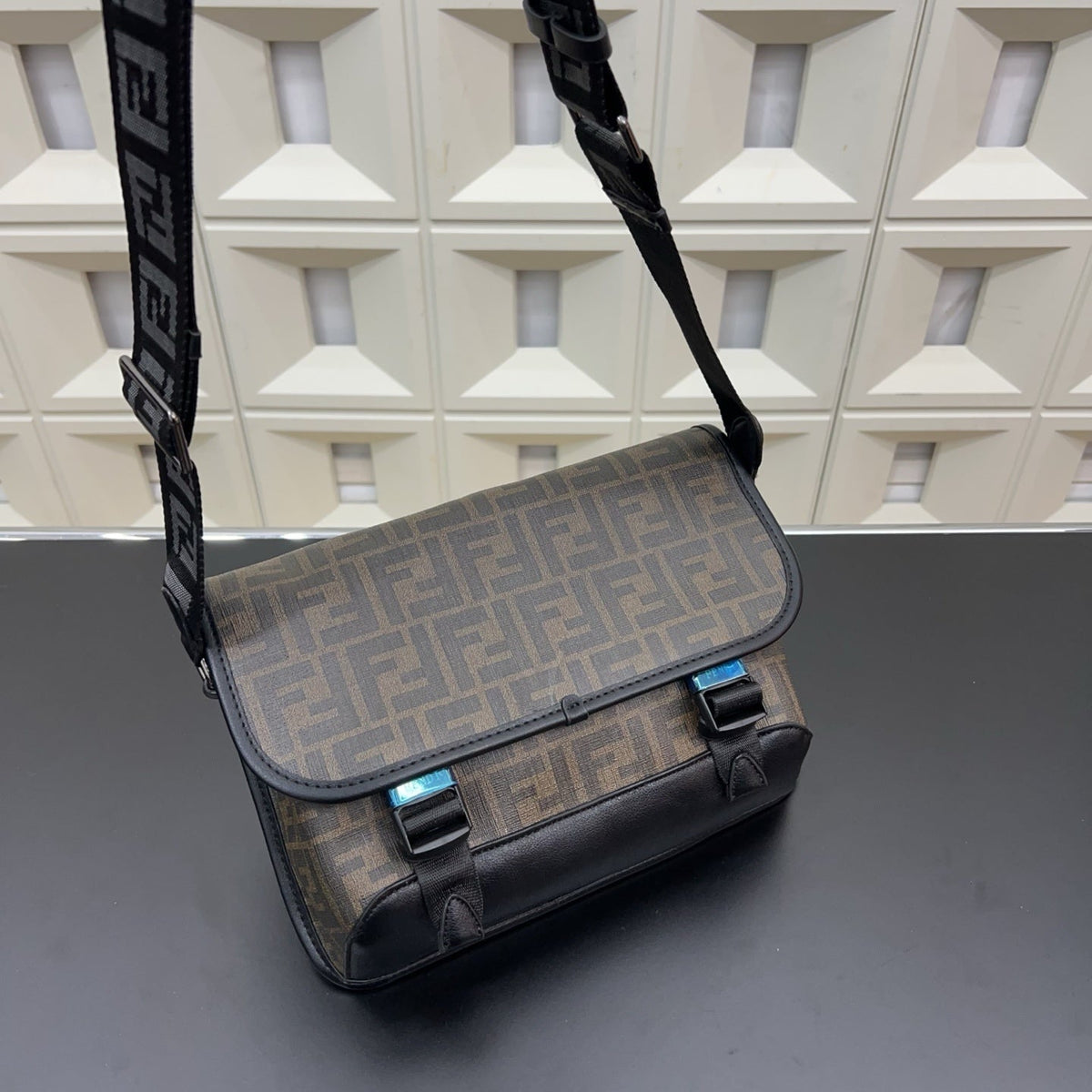 Fendi Men's FF Canvas Messenger Bag – Brown FF Motif Flap Crossbody Bag with Buckles