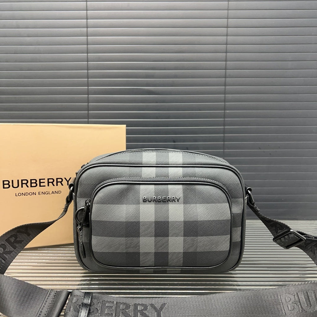 Burberry Men's Charcoal Check Camera Bag – Dark Charcoal Coated Canvas Crossbody Bag