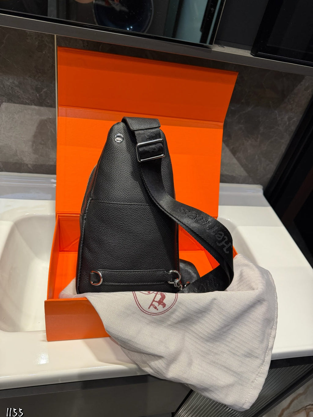 Hermès Men's Leather Crossbody Sling Bag – Black Togo Leather Chest Pack / Shoulder Bag