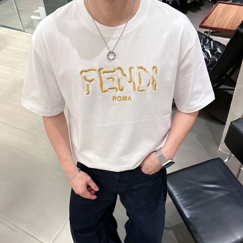 Fendi Embroidered FENDI ROMA Logo Cotton T-Shirt - White
