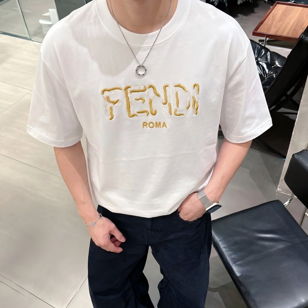 Fendi Embroidered FENDI ROMA Logo Cotton T-Shirt - White