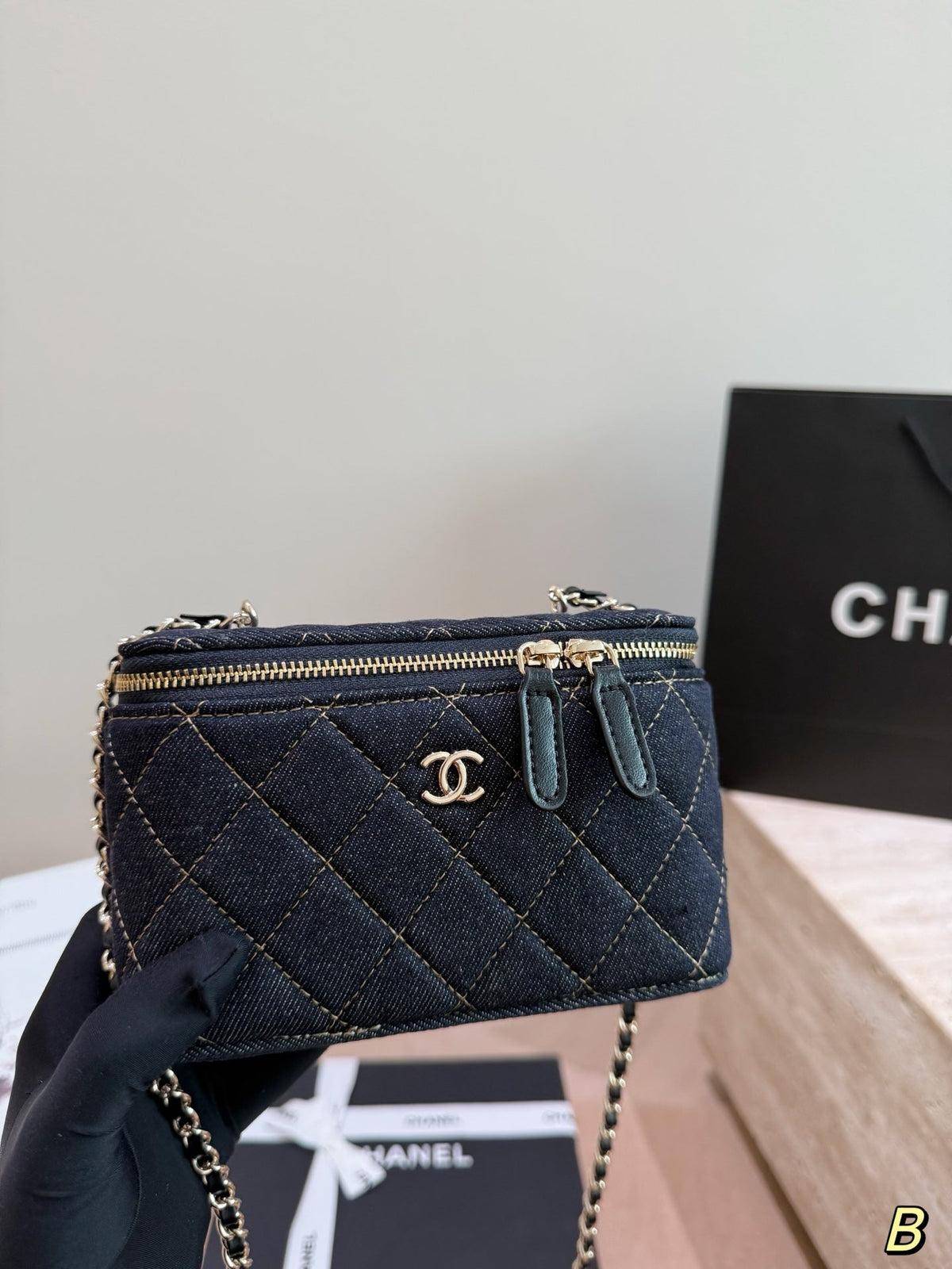 Chanel Dark Denim Quilted Vanity Chain Bag – Gold Stitching Crossbody Shoulder Bag
