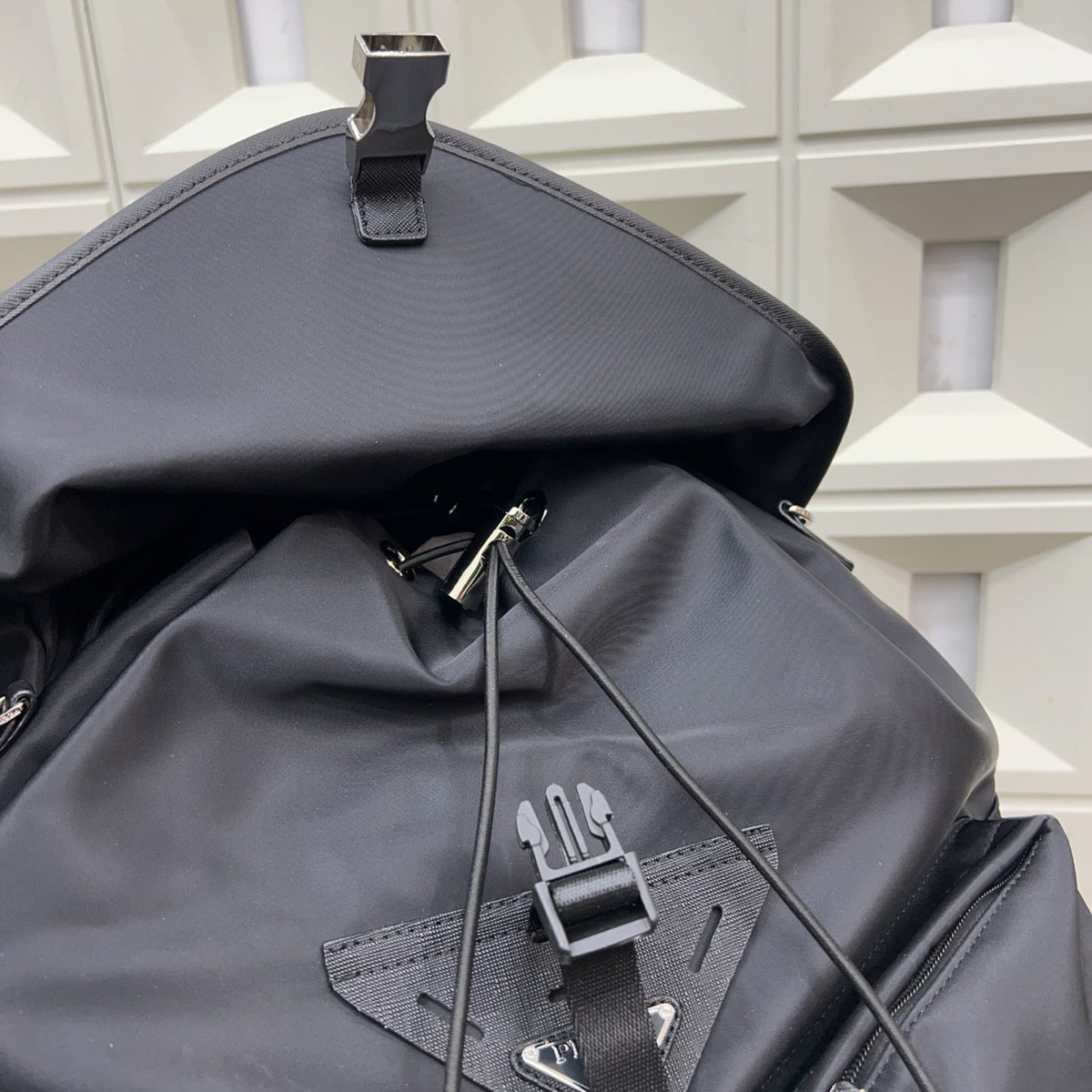 Prada Re-Nylon and Saffiano Leather Backpack – Black Drawstring Backpack with Exterior Pockets