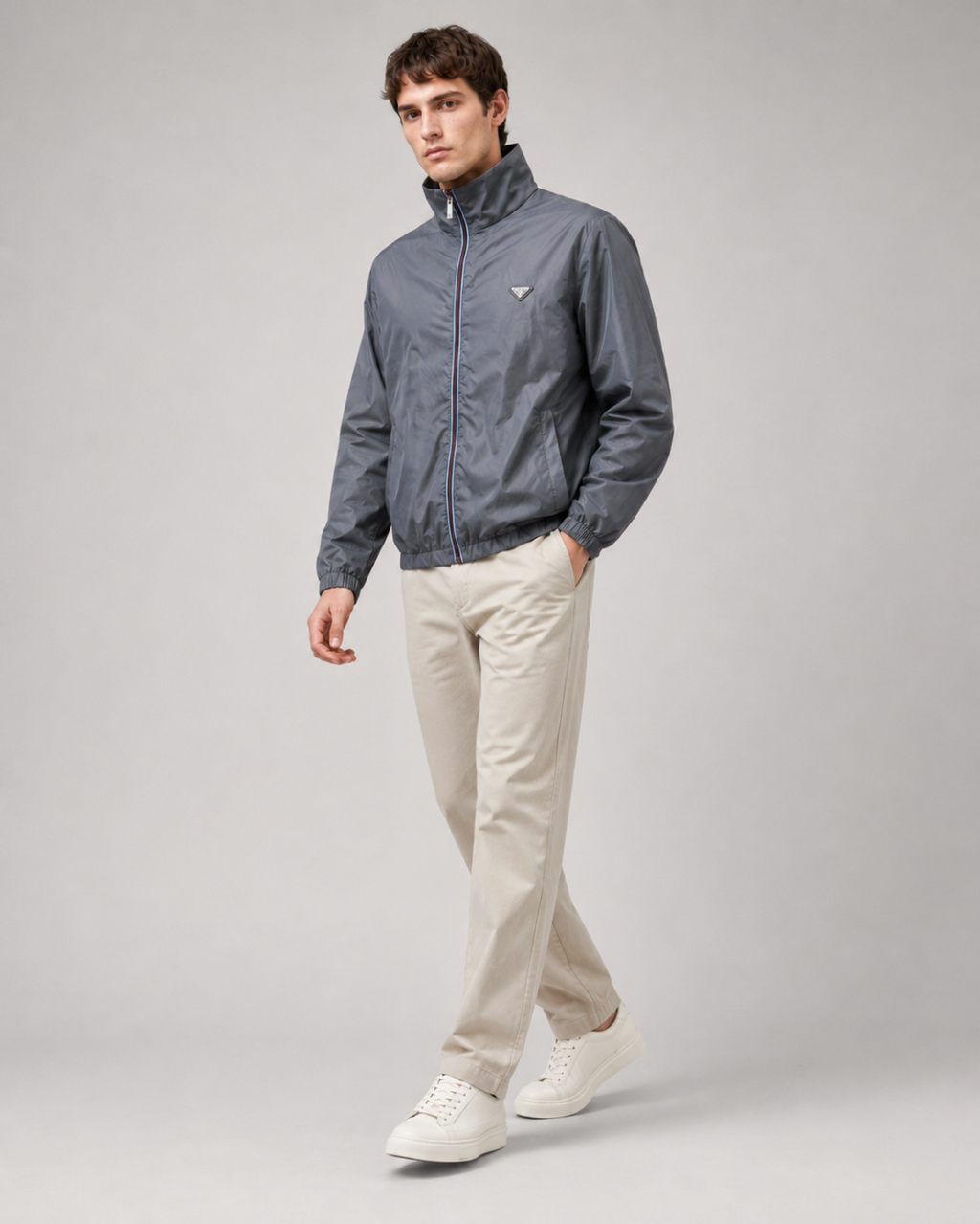 Prada Re-Nylon Metal Triangle Logo Zip-Up Jacket - Grey
