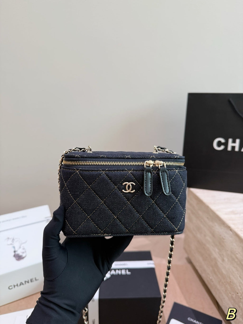 Chanel Dark Denim Quilted Vanity Chain Bag – Gold Stitching Crossbody Shoulder Bag