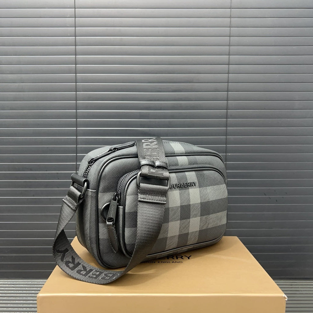 Burberry Men's Charcoal Check Camera Bag – Dark Charcoal Coated Canvas Crossbody Bag