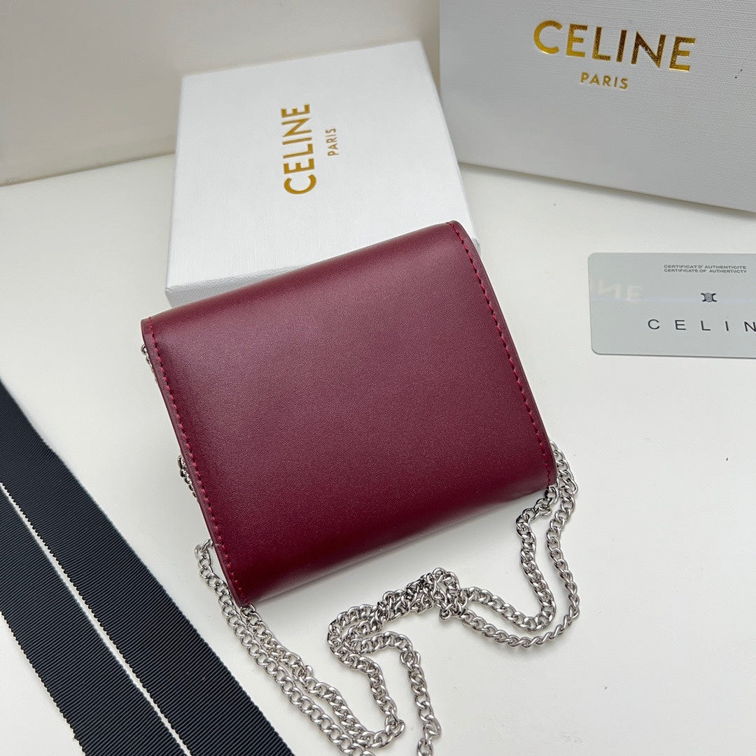 Celine Triomphe Chain Wallet in Burgundy Calfskin – Mini Flap Card Holder Crossbody Bag