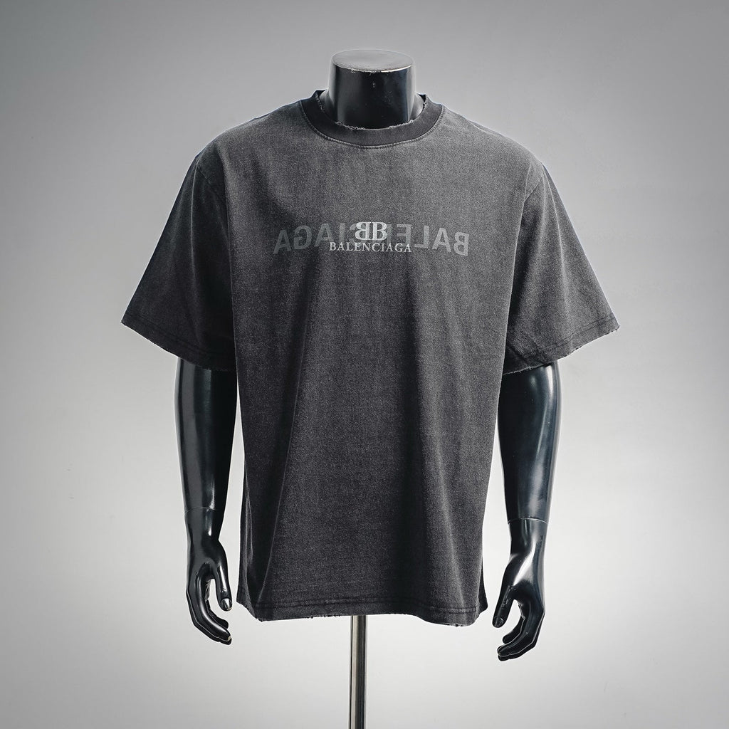 Balenciaga Mirror BB Logo Washed Distressed Crewneck T-Shirt