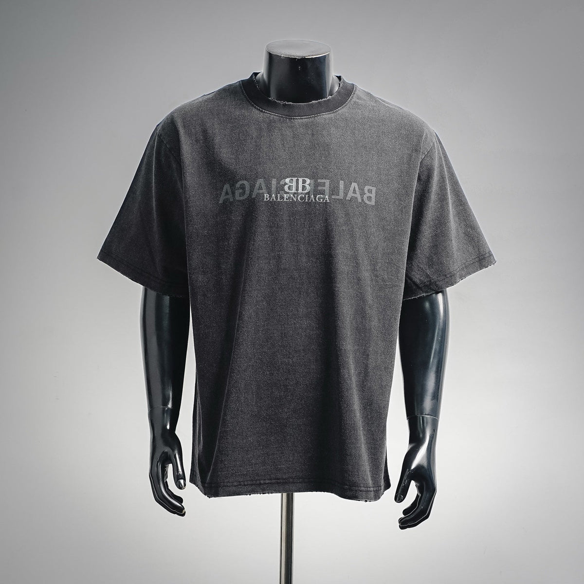 Balenciaga Mirror BB Logo Washed Distressed Crewneck T-Shirt