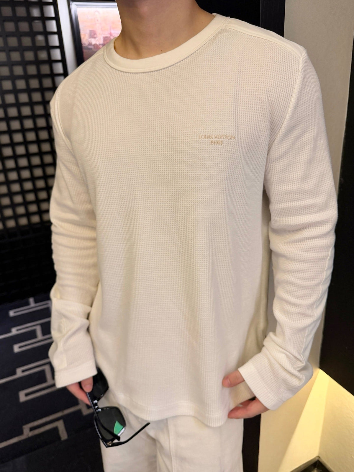 Louis Vuitton Waffle-Knit Panelled Long-Sleeve T-Shirt with Leather Patch