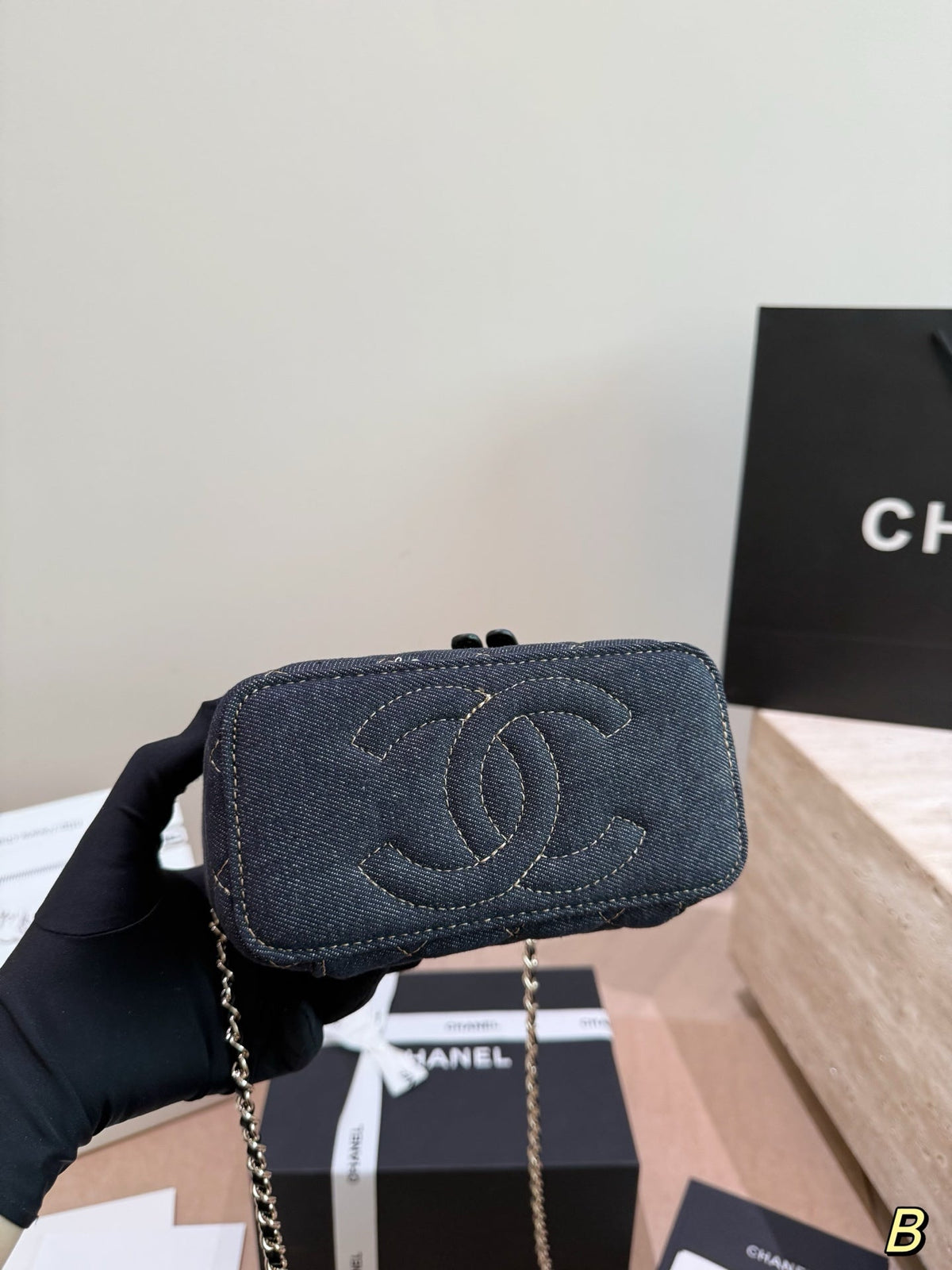 Chanel Dark Denim Quilted Vanity Chain Bag – Gold Stitching Crossbody Shoulder Bag