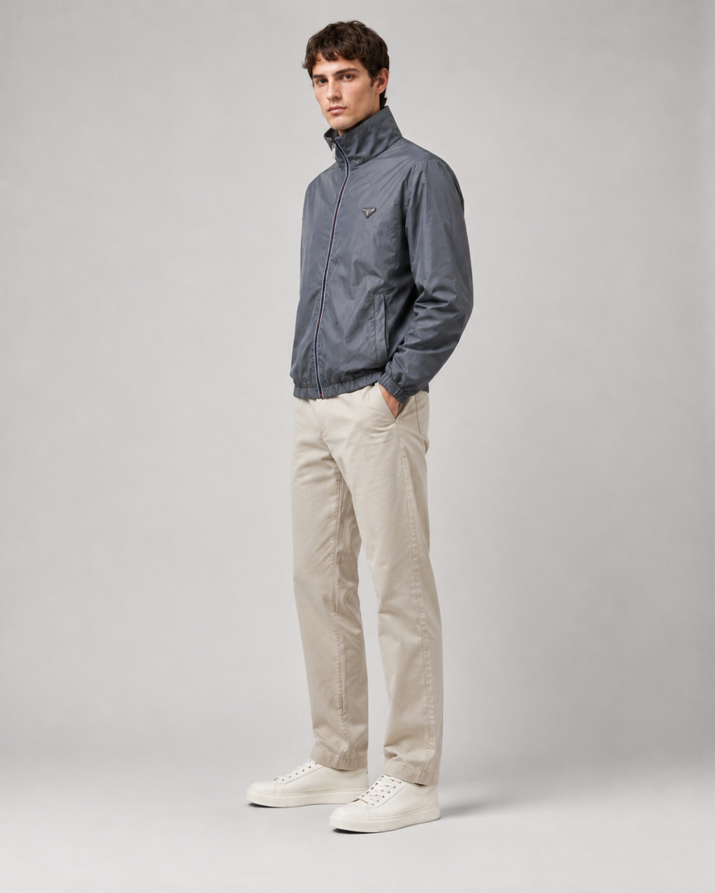 Prada Re-Nylon Metal Triangle Logo Zip-Up Jacket - Grey