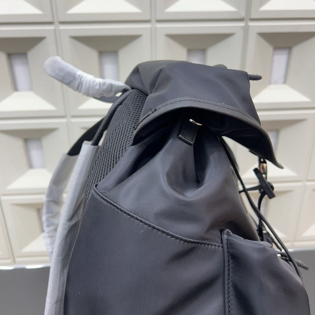 Prada Re-Nylon and Saffiano Leather Backpack – Black Drawstring Backpack with Exterior Pockets