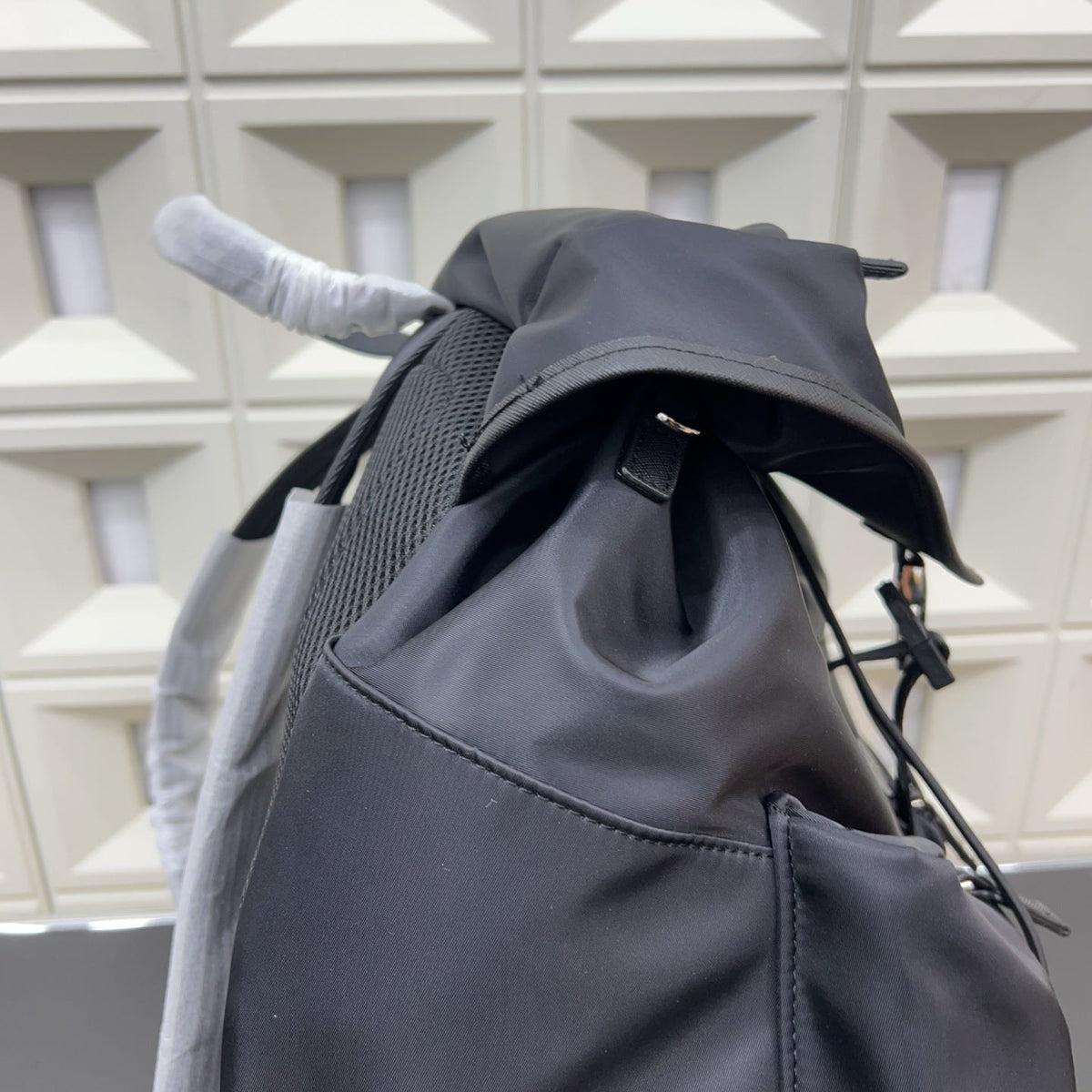 Prada Re-Nylon and Saffiano Leather Backpack – Black Drawstring Backpack with Exterior Pockets