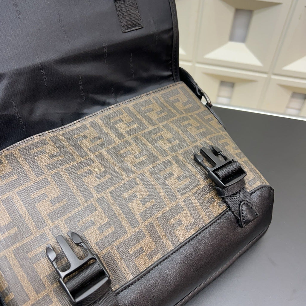 Fendi Men's FF Canvas Messenger Bag – Brown FF Motif Flap Crossbody Bag with Buckles