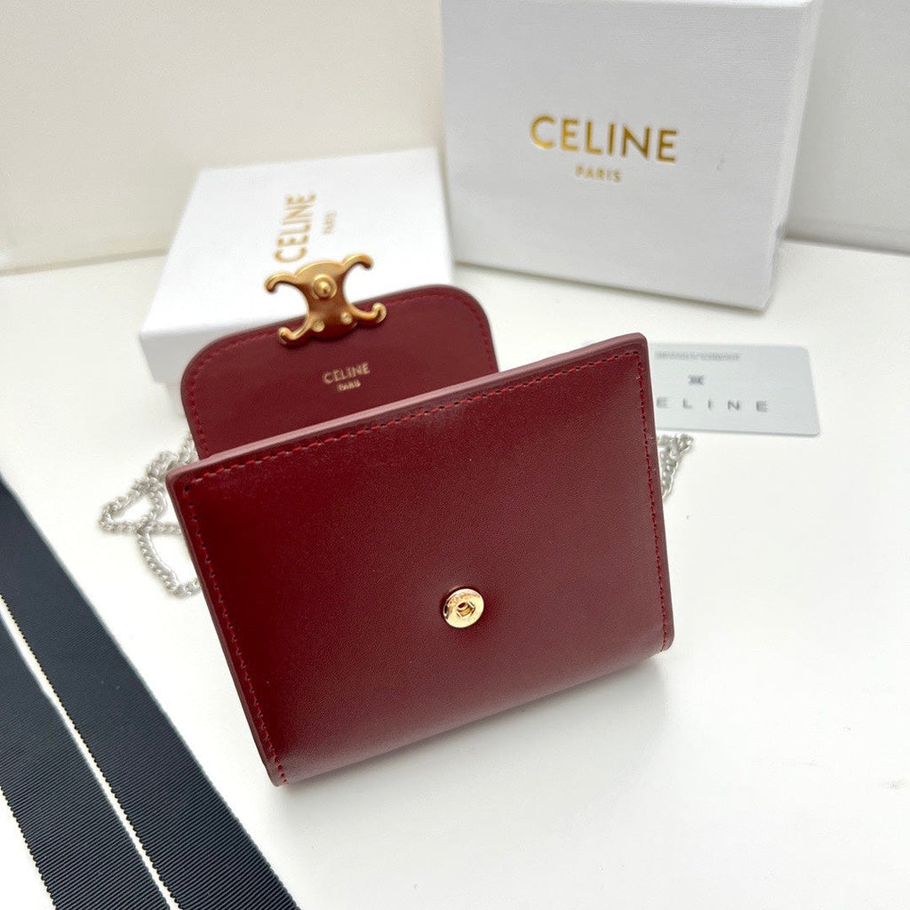 Celine Triomphe Chain Wallet in Burgundy Calfskin – Mini Flap Card Holder Crossbody Bag