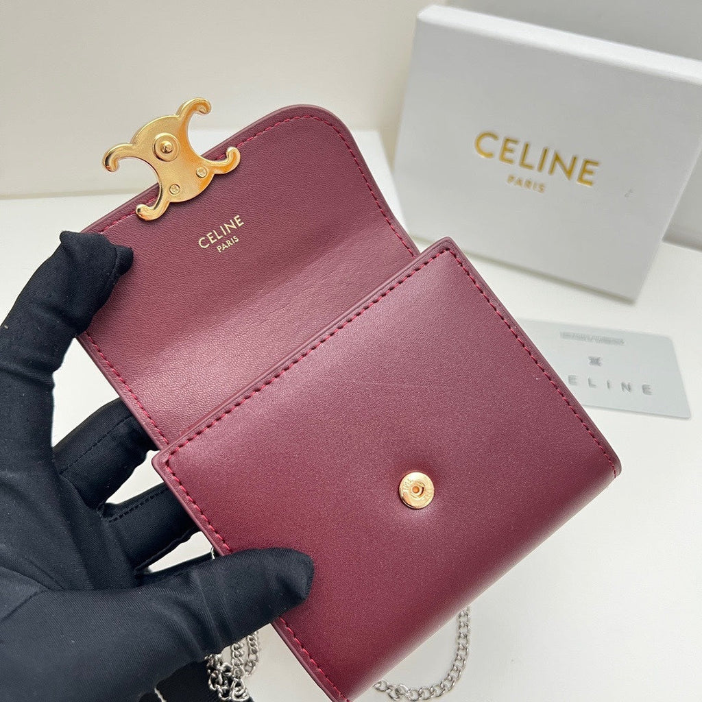 Celine Triomphe Chain Wallet in Burgundy Calfskin – Mini Flap Card Holder Crossbody Bag