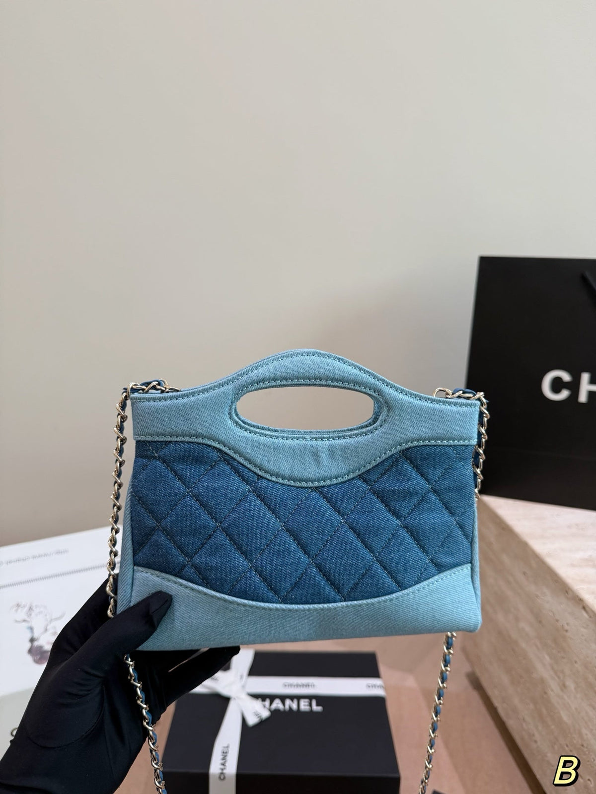 Chanel Quilted Denim Mini Shopping Tote – Two-Tone Blue Chain Shoulder & Top-Handle Bag