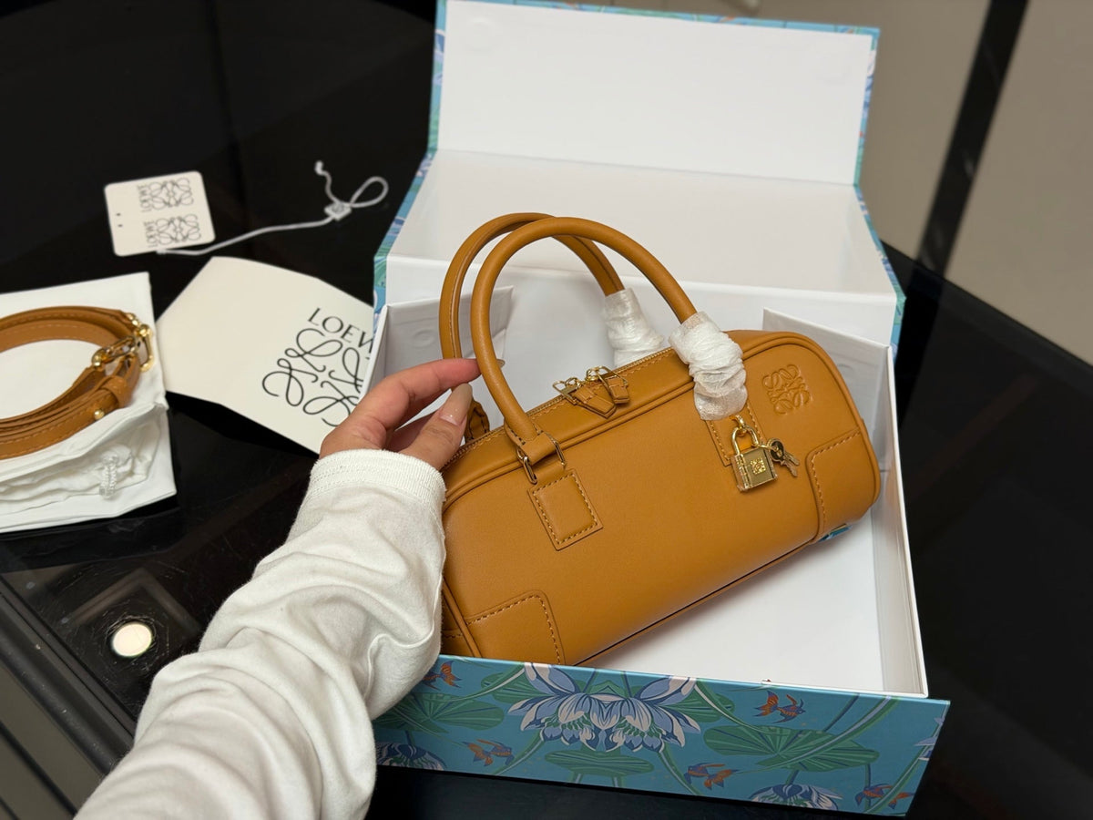 Loewe Mini Leather Satchel Boston Bag – Top Handle Shoulder Crossbody Bag with Padlock & Key