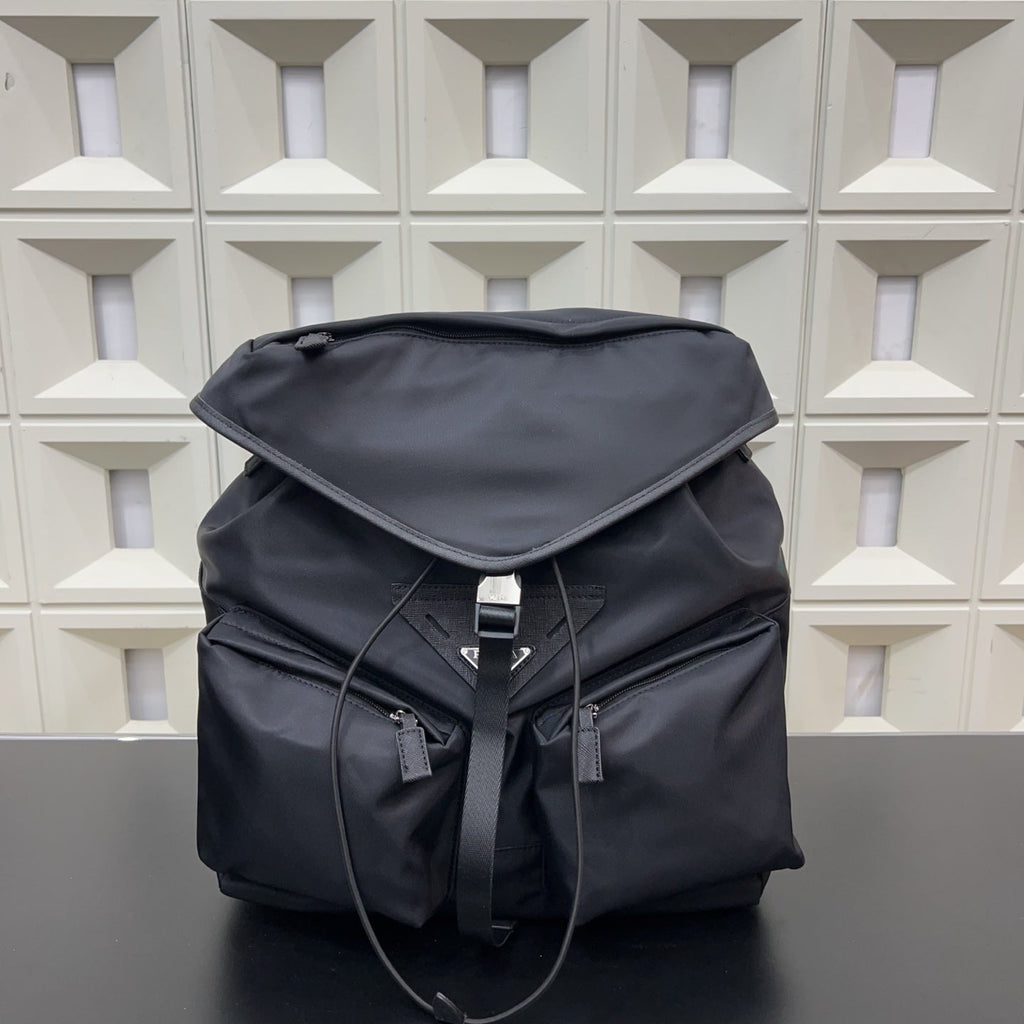 Prada Re-Nylon and Saffiano Leather Backpack – Black Drawstring Backpack with Exterior Pockets