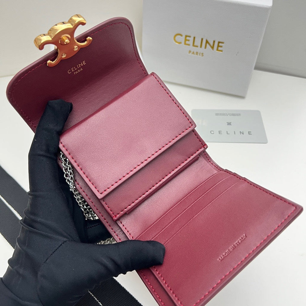 Celine Triomphe Chain Wallet in Burgundy Calfskin – Mini Flap Card Holder Crossbody Bag