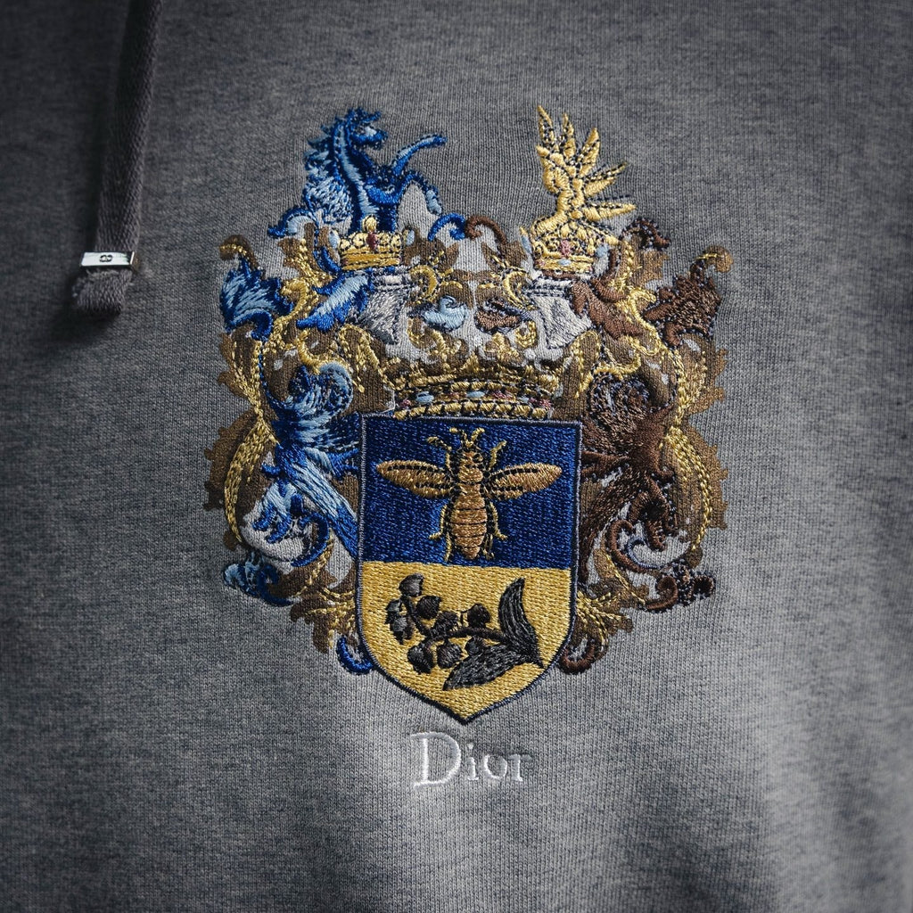 Dior Embroidered Coat of Arms Hooded Sweatshirt - Grey