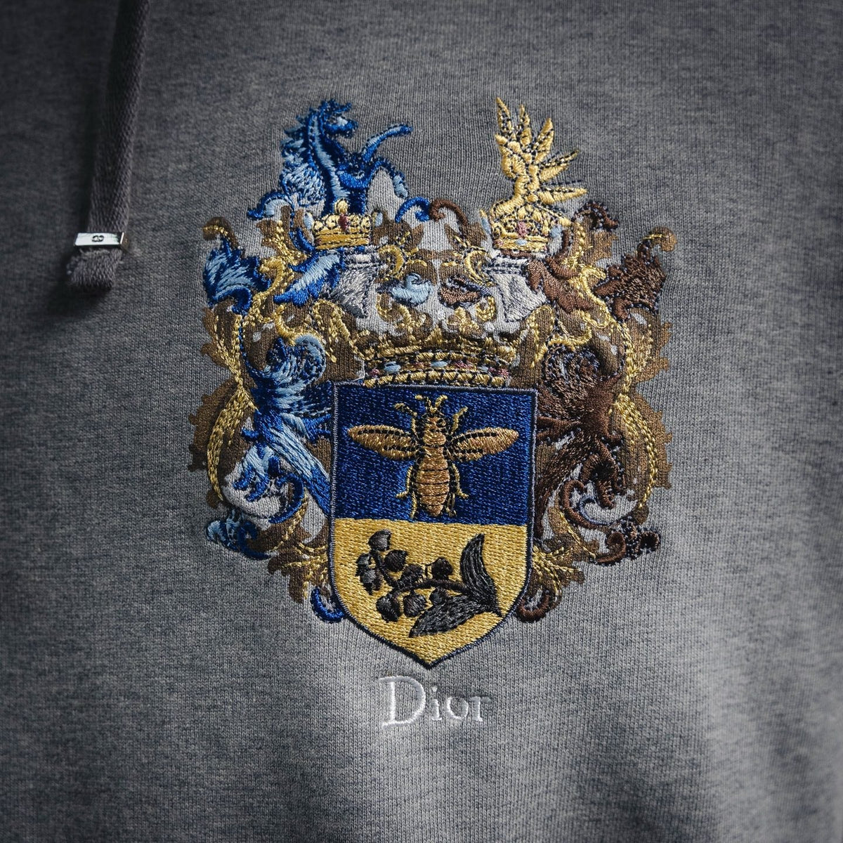 Dior Embroidered Coat of Arms Hooded Sweatshirt - Grey