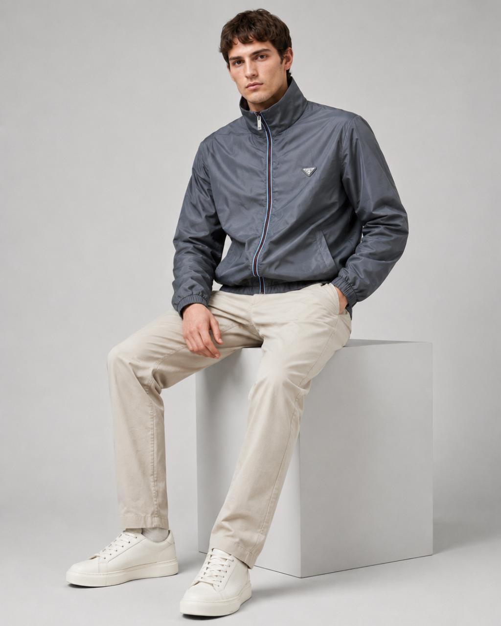 Prada Re-Nylon Metal Triangle Logo Zip-Up Jacket - Grey