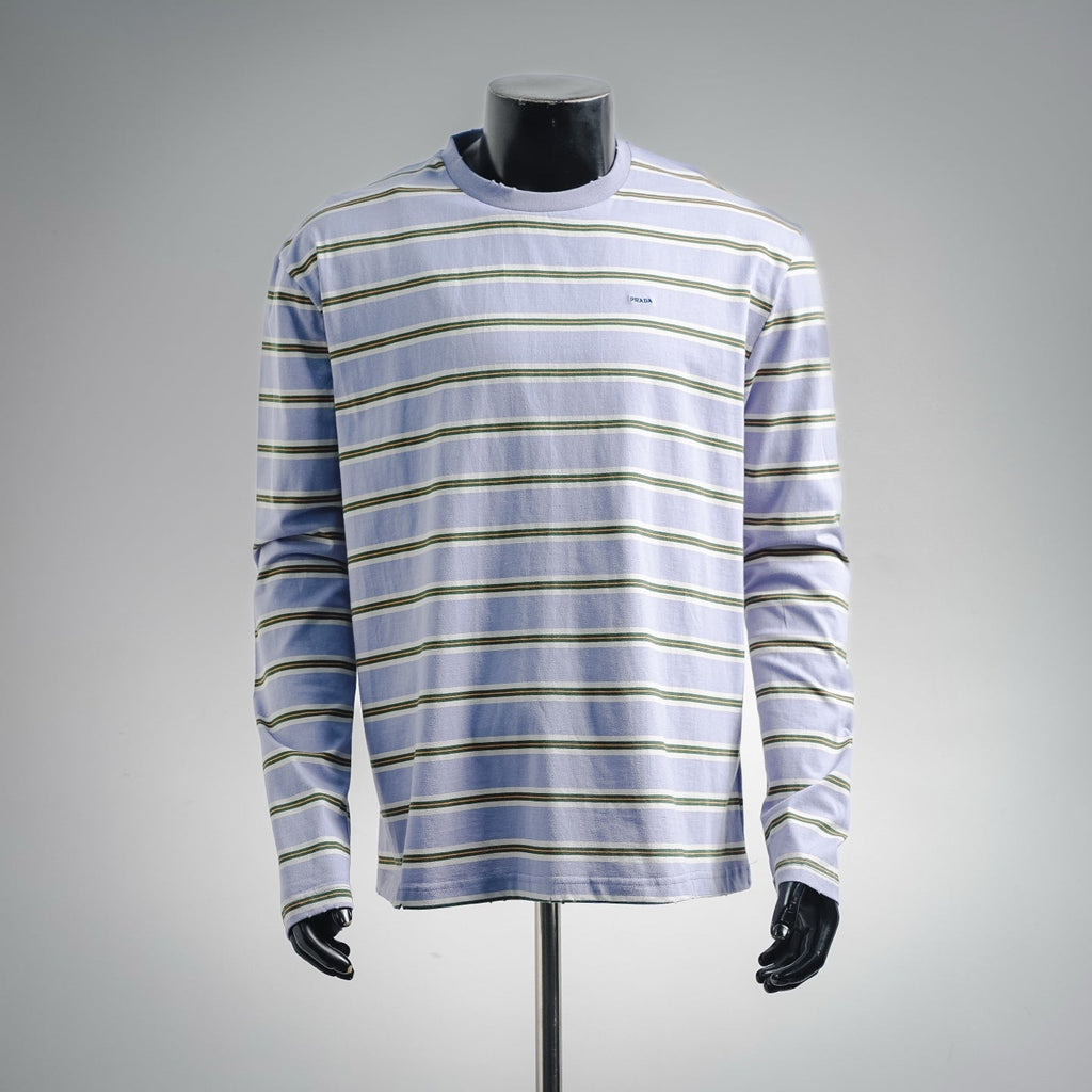 Prada Small Embroidered Logo Striped Long-Sleeve T-Shirt - Blue/Green