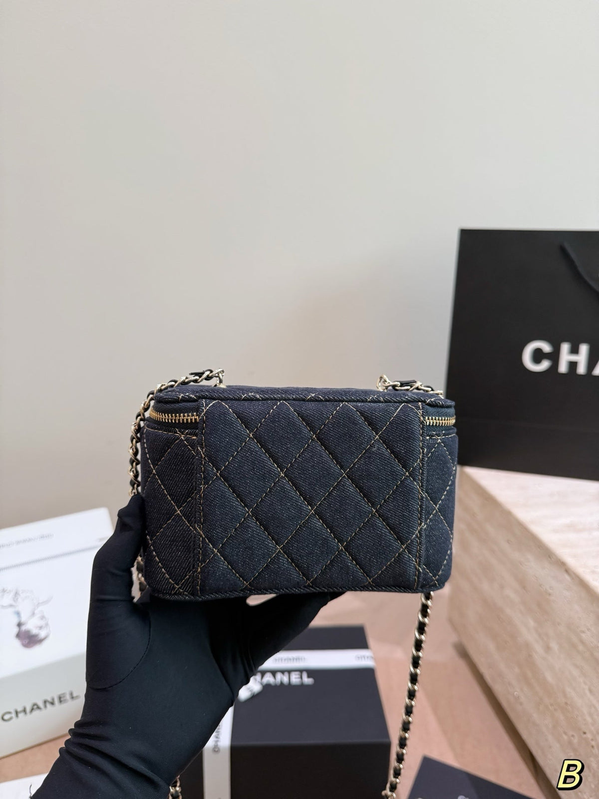 Chanel Dark Denim Quilted Vanity Chain Bag – Gold Stitching Crossbody Shoulder Bag