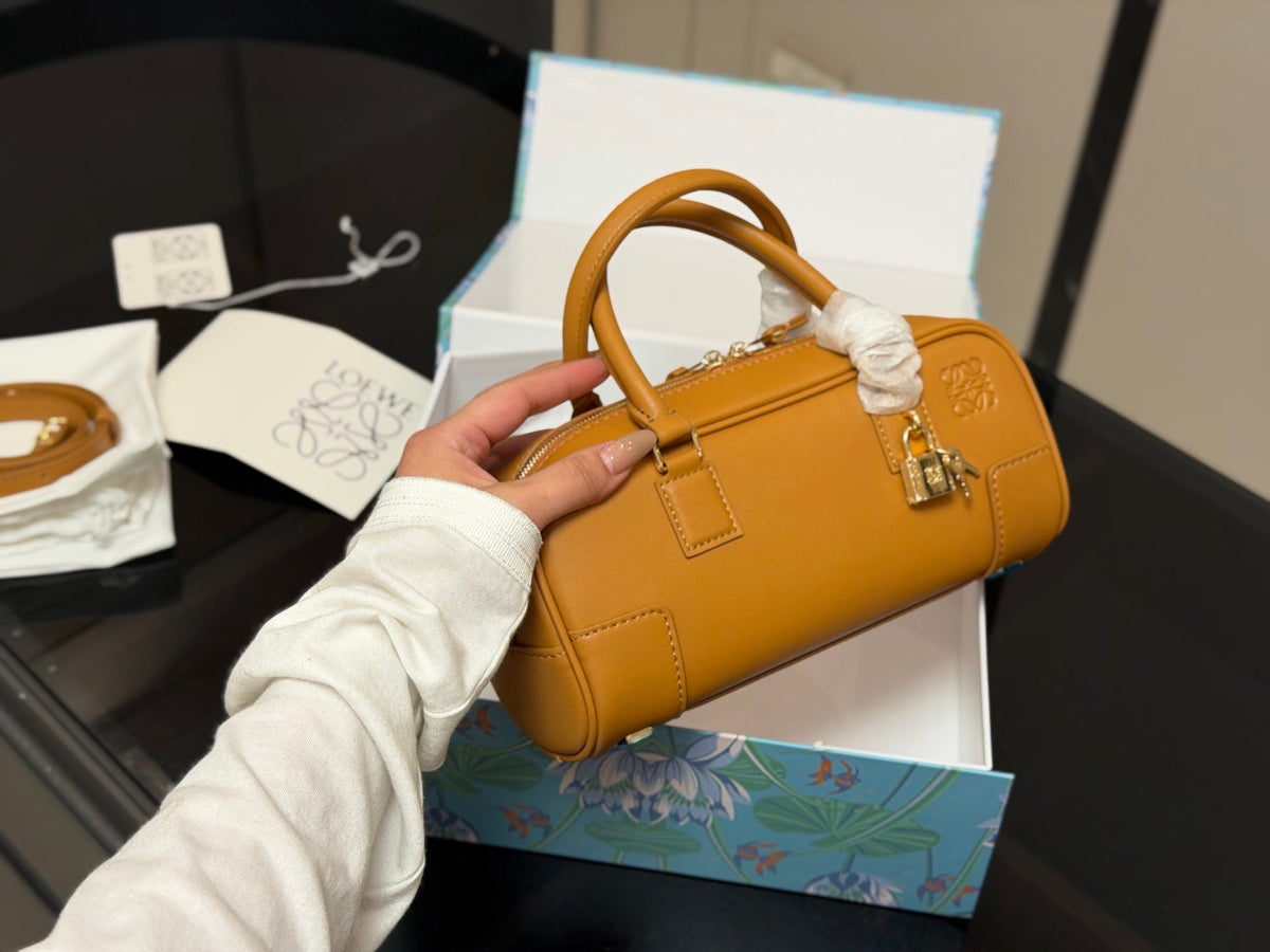 Loewe Mini Leather Satchel Boston Bag – Top Handle Shoulder Crossbody Bag with Padlock & Key