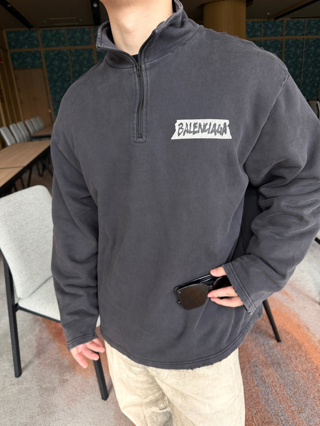 Balenciaga DIY Metal Logo Washed & Distressed Half-Zip Sweatshirt