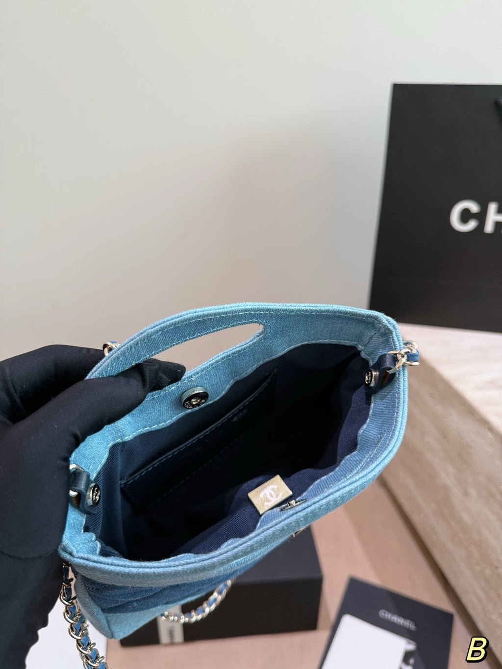 Chanel Quilted Denim Mini Shopping Tote – Two-Tone Blue Chain Shoulder & Top-Handle Bag